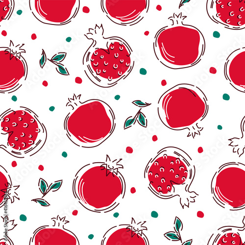 Seamless pattern with pomegranate fruits in a linear style. Hand-drawn vector background.