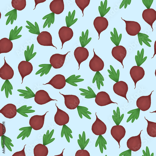 Beets on blue background raster seamless pattern with paint and noise texture