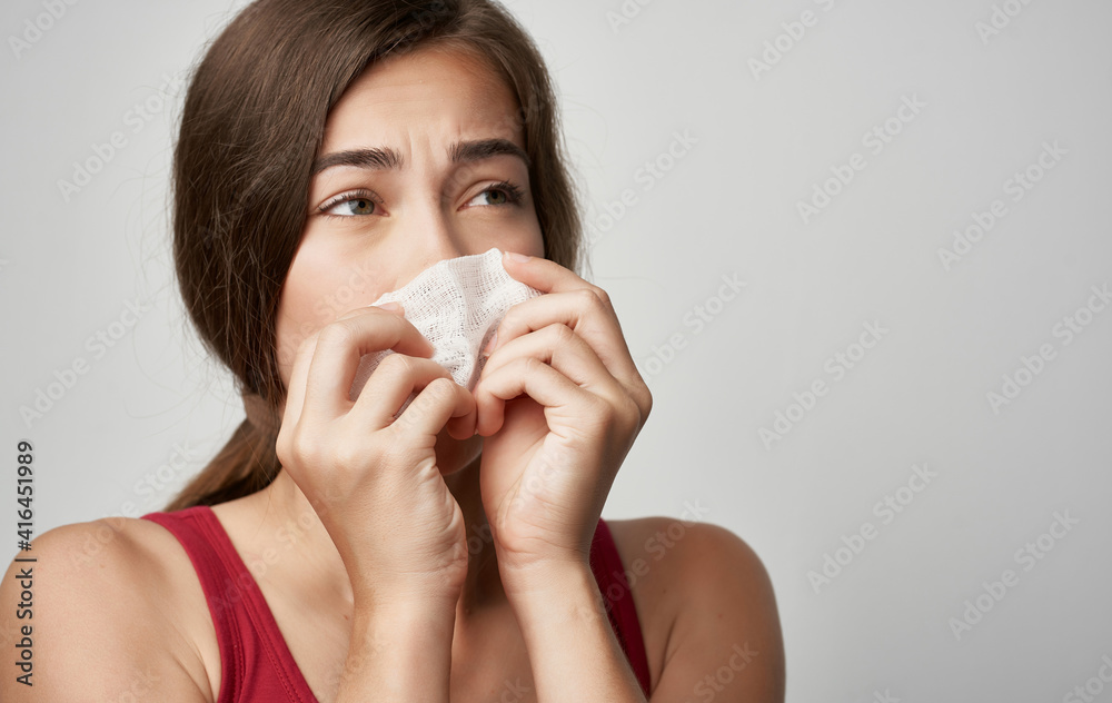 sick woman in red t shirt health problems cold handkerchief sick woman in red t shirt health problems cold handkerchief
