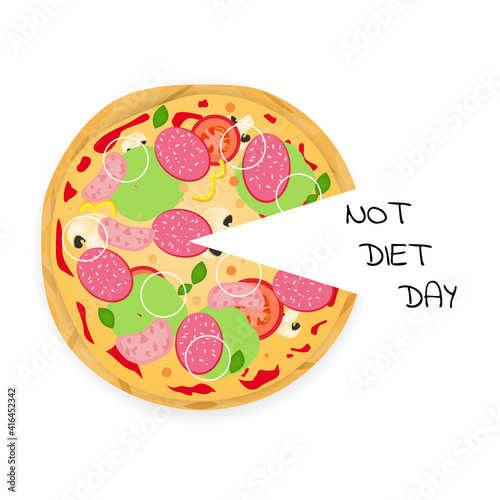 International No Diet Day. Bright, tasty pizza with sausage and vegetables. Fast food. Flat vector illustration.