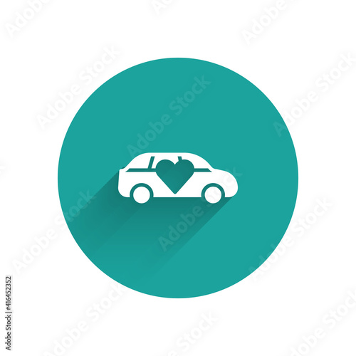White Luxury limousine car icon isolated with long shadow. For world premiere celebrities and guests poster. Green circle button. Vector.