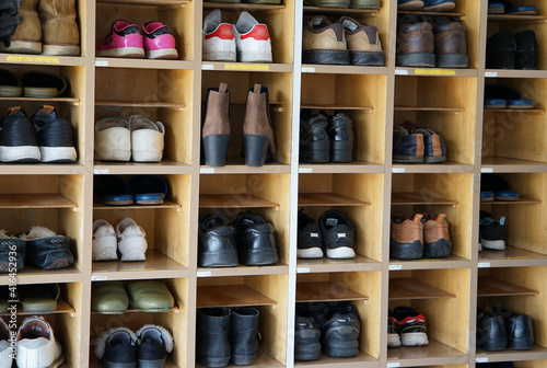Shoe shelf at the entrance of a Japanese meeting hall