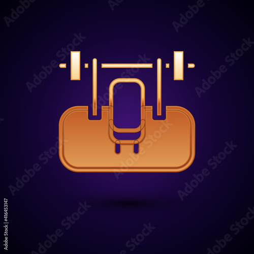 Gold Bench with barbel icon isolated on black background. Gym equipment. Bodybuilding, powerlifting, fitness concept. Vector.
