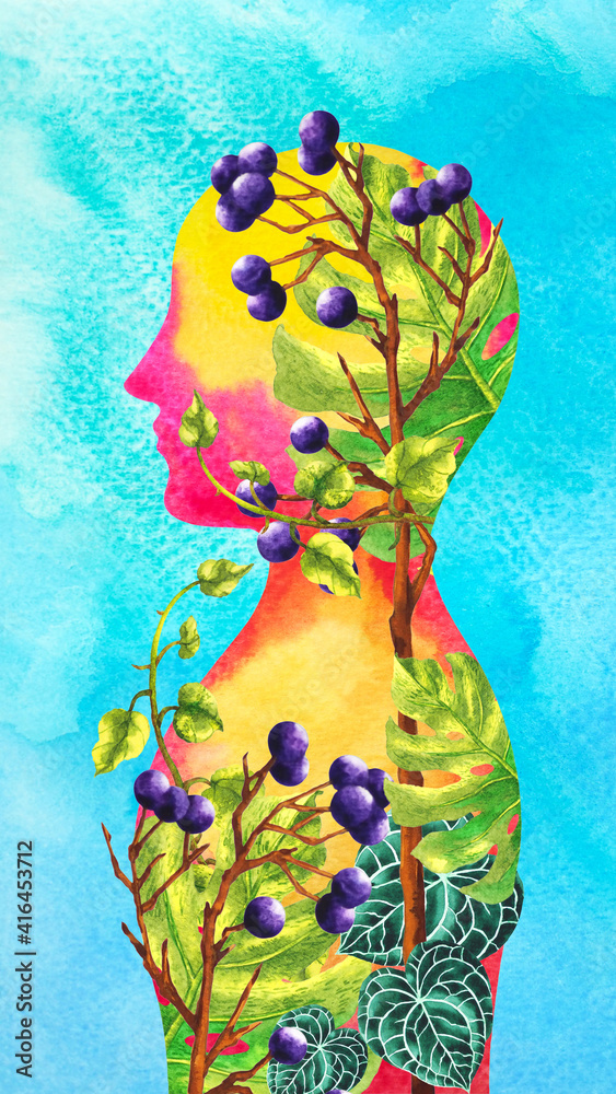 Human Head Mind Mental Health Spiritual Abstract Art Healing Positive Body Soul Chakra Therapy Watercolor Painting Illustration Digital Collage Design Flower Fantasy Surreal Face Inspiring Imagine Stock Illustration Adobe Stock