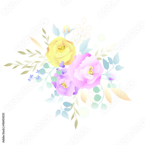 Delicate pink  yellow rose with silver dollar tree leaves. Vector illustration.