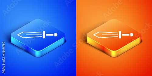 Isometric Sword for game icon isolated on blue and orange background. Square button. Vector.