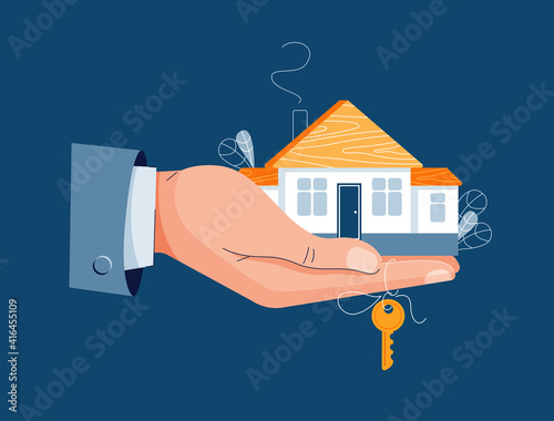 Buy a house concept. Man holding a house and key in hand. Deal sale, property purchase, real estate agency, mortgage loan, buy a home for web, banner, emailing design. Modern flat vector illustration