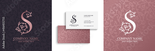 Premium Vector S logo. Monnogram, lettering. Seamless pattern and business cards. Personal logo or sign for branding an elite company.