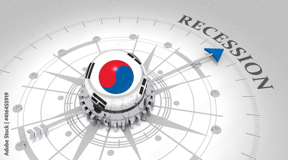 Business concept. Abstract compass points to the recession word. Flag of South Korea. 3D rendering Business concept. Abstract compass points to the recession word. Flag of South Korea. 3D rendering
