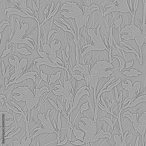 Monochrome seamless picture of garden lilies with stems and leaves on a silver background with shadows. Picture for the background of the cover of a notebook, postcard, wallpaper, textile.