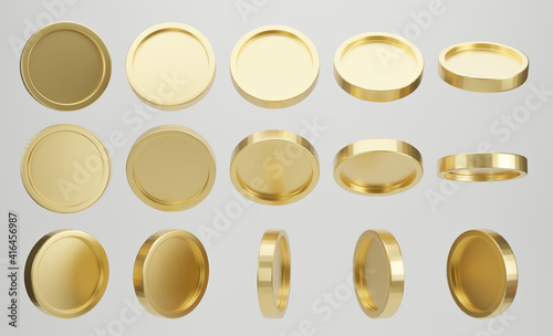 Set of golden coin in different shape on white background. 3d rendering.