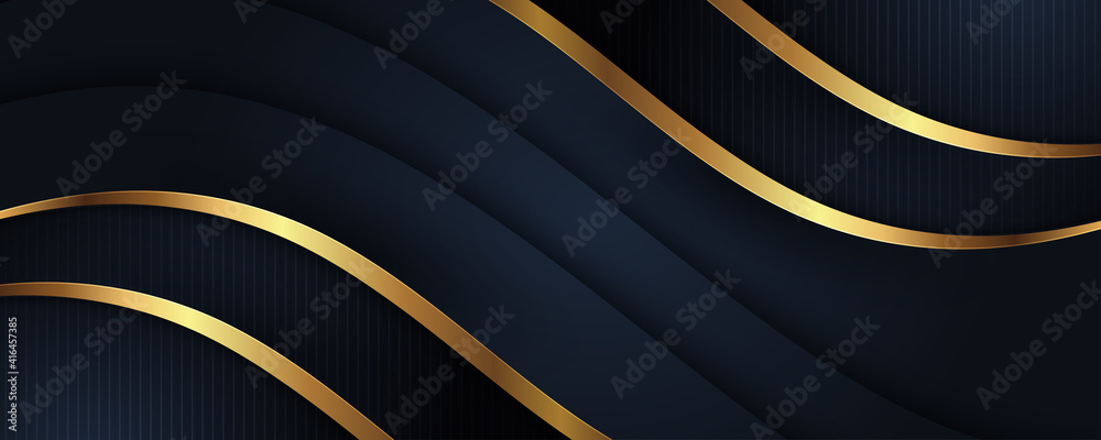 Luxury abstract background with golden lines on dark, modern black navy backdrop concept 3d style. Illustration from vector about modern template deluxe design - obrazy, fototapety, plakaty 