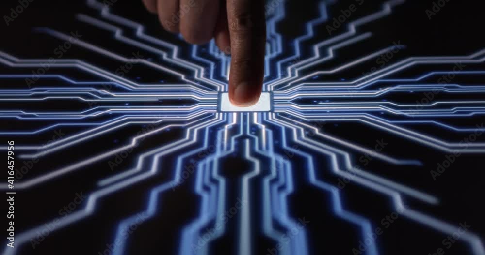 Super Computer Turning On With Biometric Scanning Technology. Circuits Activated By AI High Tech Computer.