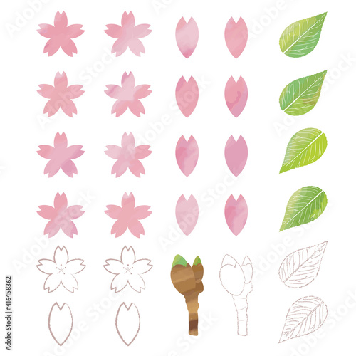 桜　桜の花　桜の葉　春の素材セット