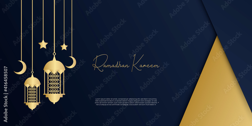 Ramadan Kareem vector card with 3d blue golden metal crescent, hanging stars, paper cut clouds, mosque. Arabic style arch with traditional pattern. Copy space. 