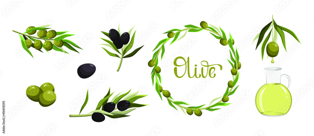 Obraz Zestaw oliwek. Gałązki oliwki czarnej i zielonej, oliwa z oliwek, szklana butelka, wieniec, napis
