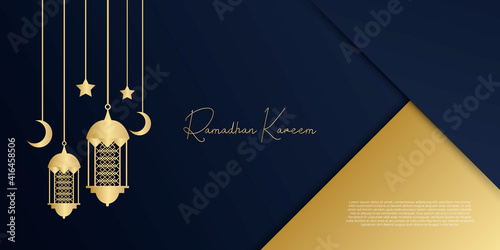  Premium ramadan kareem card design. Vector illustration of an arabic text Ramadan Kareem meaning generous Ramadan (month of fasting)in gold with dark textured background. Minimalistic design. 
