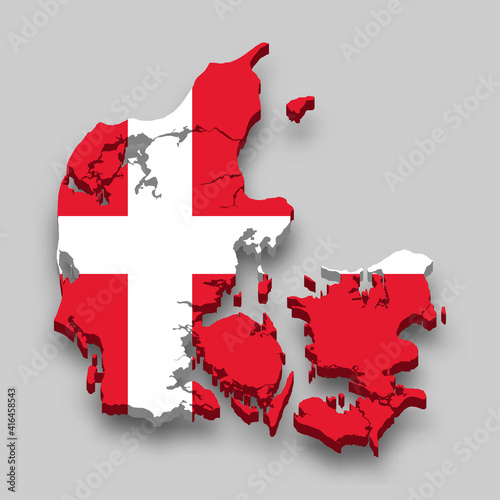 3d isometric Map of Denmark with national flag.