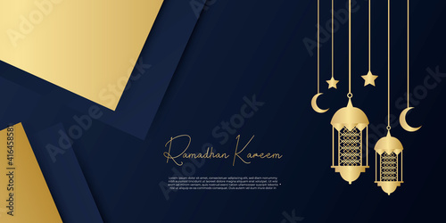 Islamic Blue Gold Holy Month of Ramadan Mubarak Banner with Hanging Colorful Lanterns, Golden Crescent Moon on Blue Textured Background. 