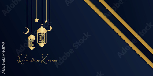 blue gold ramadan kareem islamic greeting card background vector illustration. Ramadan Kareem greeting cards set. Ramadan islamic holiday invitations templates collection with gold crescent moon
