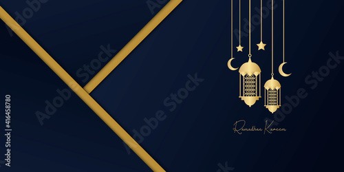 blue gold ramadan kareem islamic greeting card background vector illustration. decorative ramadan kareem background with arabic lanterns. Ramadan Kareem banner with 3d metallic golden crescent moon