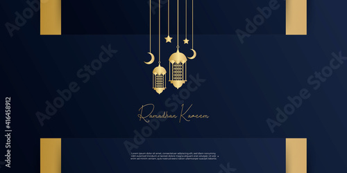  Premium ramadan kareem card design. Vector illustration of an arabic text Ramadan Kareem meaning generous Ramadan (month of fasting)in gold with dark textured background. Minimalistic design. 