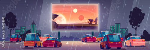 Car street cinema at rainy weather. Drive-in theater with automobiles stand under rain in open air parking at night. Large outdoor screen with movie on cityscape background Cartoon vector illustration