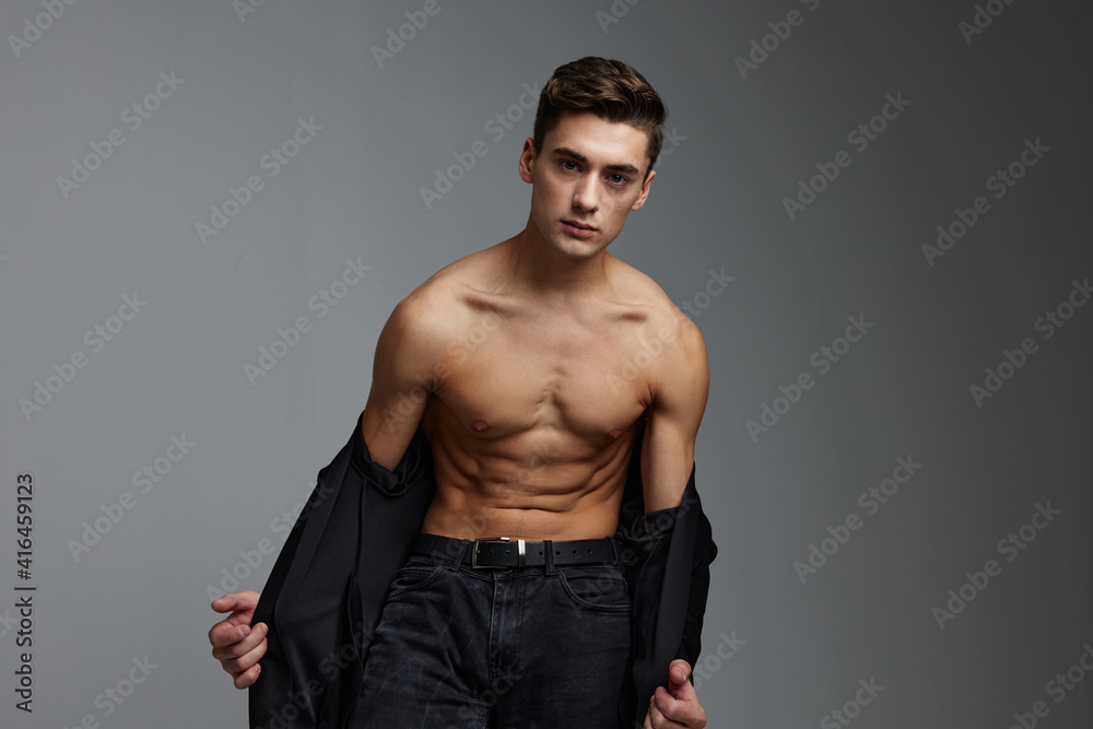 Cute man black jacket nude torso posing self-confidence model Cute man black jacket nude torso posing self-confidence model
