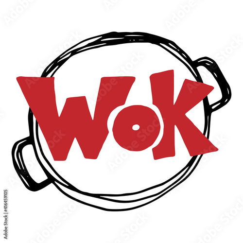 Wok logo typography text design in pan. Grunge lettering illustration. Fast food restaurant menu banner. Vector eps 10.