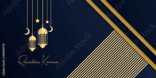 ramadan kareem islamic banner design with calligraphy and arabic lantern. blue gold ramadan background