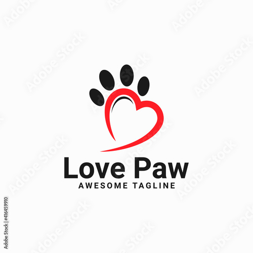 love paw print vector logo illustration. paw print with a heart symbol. cat or dog paw print. veterinary clinic logo. animal care sign.