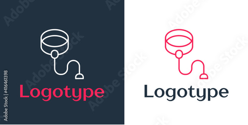 Logotype line Retractable cord leash with carabiner icon isolated on white background. Pet dog lead. Animal accessory for outdoors walk. Logo design template element. Vector.