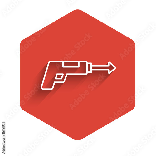 White line Fishing harpoon icon isolated with long shadow. Fishery manufacturers for catching fish under water. Diving underwater equipment. Red hexagon button. Vector.