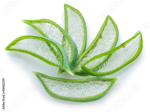 Aloe vera fresh slices on white background. Macro.