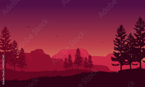 Beautiful purple sky with a panoramic view of the mountains and pine trees around it. Vector illustration