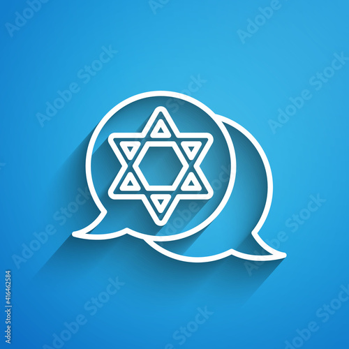 White line Star of David icon isolated on blue background. Jewish religion symbol. Symbol of Israel. Long shadow. Vector.