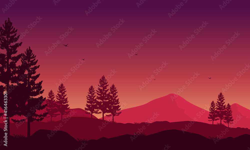 Naklejka premium Beautiful view of mountains and trees at sunset. Vector illustration