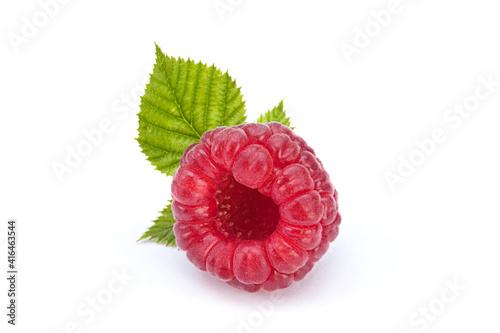 Raspberry fruit with leaf on white
