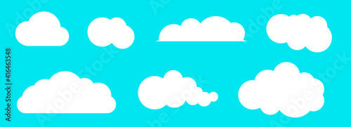 Set of different clouds. Blue sky. Cumulus clouds. Flat vector illustration on blue background.