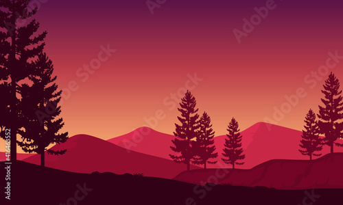 Mountain view with beautiful silhouettes of cypress trees at dusk. Vector illustration