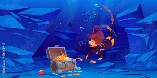 Woman scuba diver finds treasure chest with gold under water in sea or ocean. Vector cartoon illustration of underwater landscape with wooden box full of golden coins and girl in mask and diving suit