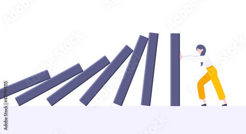 Business resilience or domino effect metaphor vector illustration concept. Adult young businesswoman pushing falling domino line business concept of problem solving and stopping domino chain reaction. photo