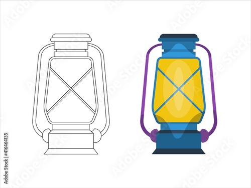 Vintage camping lantern isolated on white background. Retro gas lamp with glowing fire wick. Rustic tourist oil lantern vector illustration. Old lamp for hiking.