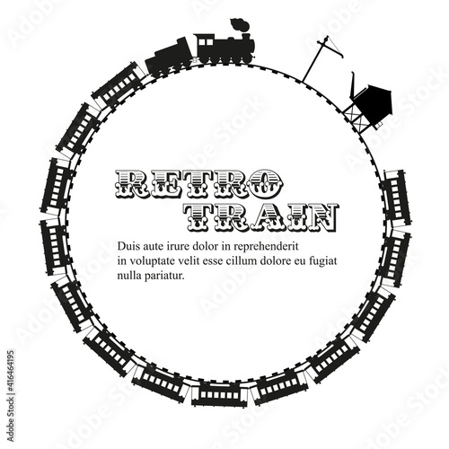 Retro train round frame. Sample text. Flat vector illustration isolated on white.