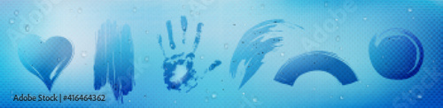 Wipe stains on glass with condensation water drops, palm, heart and abstract imprints on window. Windscreen with rain droplets, sponge wash wet texture with aqua blobs Realistic 3d vector illustration