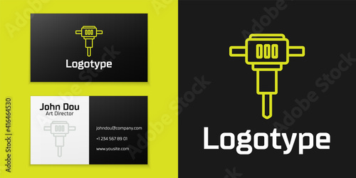 Logotype line Construction jackhammer icon isolated on black background. Logo design template element. Vector.