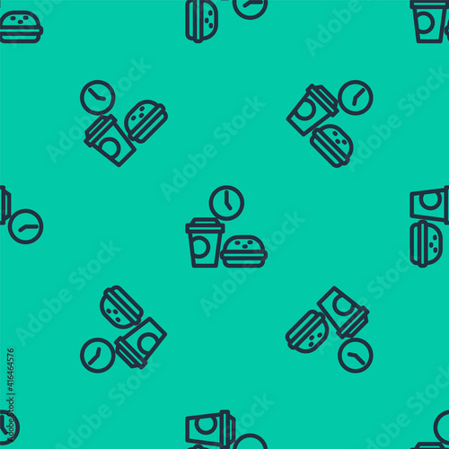 Blue line Fast food time icon isolated seamless pattern on green background. Vector.