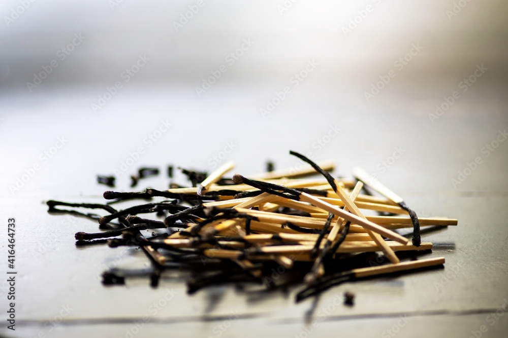 Fototapeta premium pile of burnt matches on blurred backgrounbd. concept of loss and end