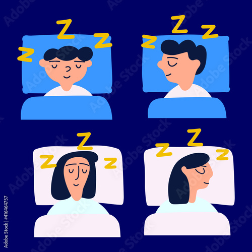 Set of people who sleeping at night.  Hand drawn icon illustrations on dark background.