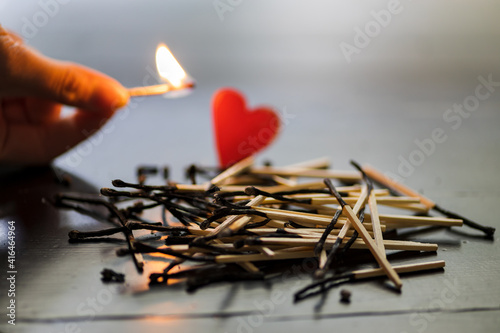 concept of divorce and end of relationship. heart on pile of burnt matches